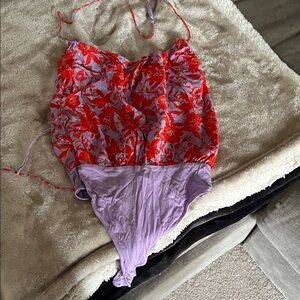 NWOT. Never worn, Free People Red Floral on Lilac Two-Tone Halter Bodysuit